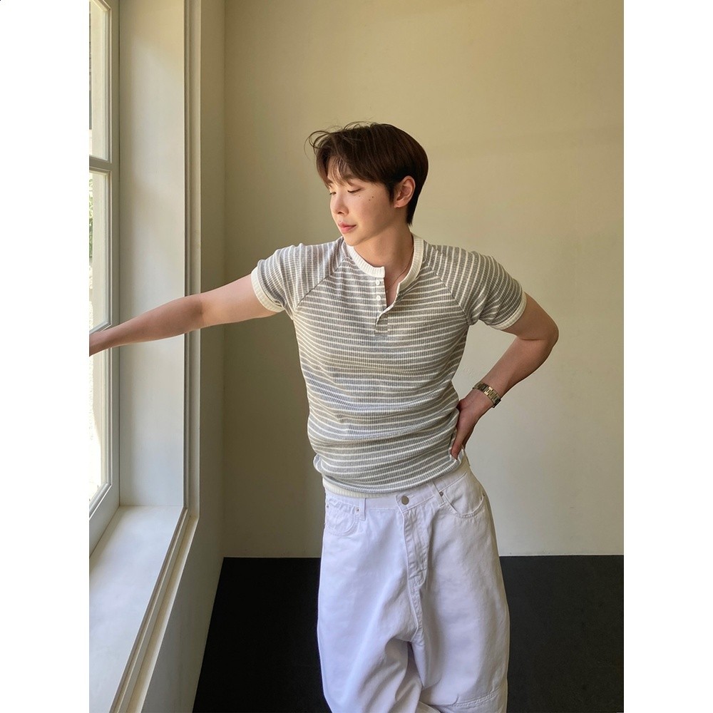 SSUMENAM「亨利領 極簡風」條紋短袖T恤男款夏季韓系透氣撞色合身-細節圖3