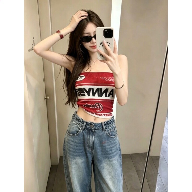 辣妹撞色字母印花平口背心女裝夏季性感修身顯瘦內搭外穿無袖上衣-細節圖3