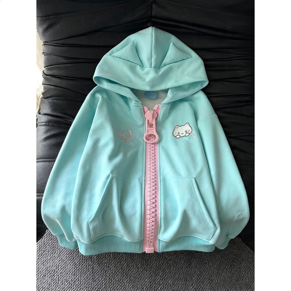 刺繡小貓可愛耳朵大拉鍊衛衣女秋季寬鬆慵懶宅萌少女學院連帽外套-細節圖2