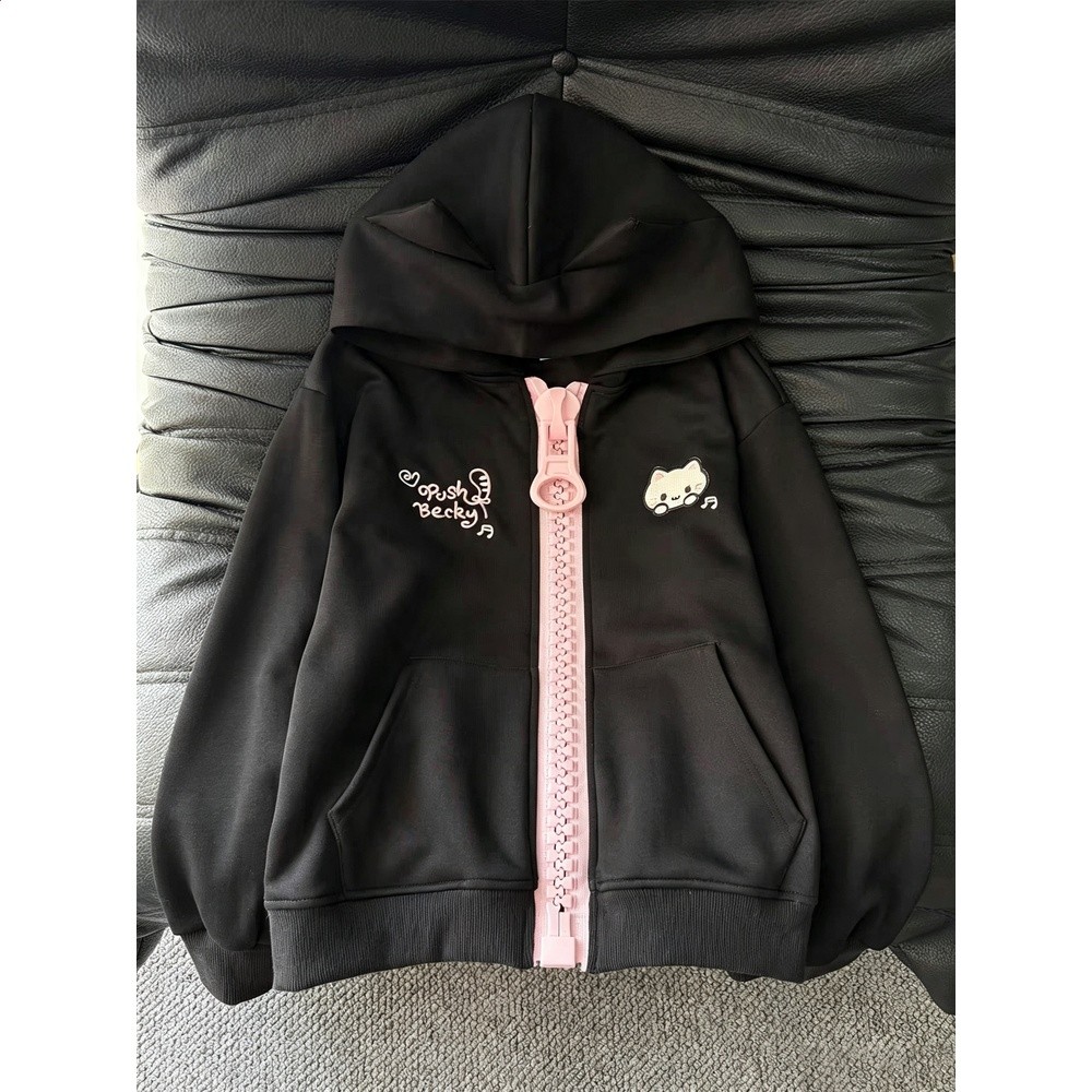 刺繡小貓可愛耳朵大拉鍊衛衣女秋季寬鬆慵懶宅萌少女學院連帽外套-細節圖3