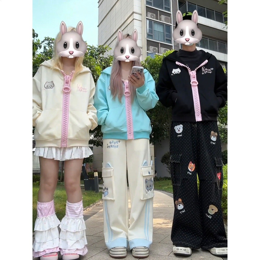 刺繡小貓可愛耳朵大拉鍊衛衣女秋季寬鬆慵懶宅萌少女學院連帽外套-細節圖4
