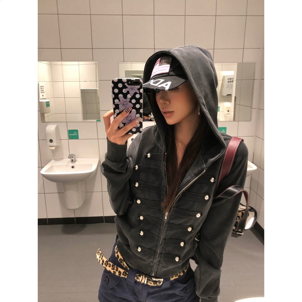 EAHO 美式設計感拿破崙水洗連帽開襟衛衣男女春秋寬鬆休閒帽衫-細節圖3