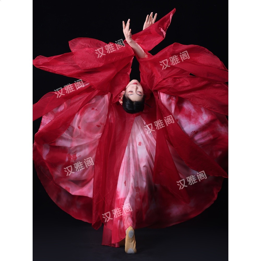 古典舞蹈服女國風紅色身韻飄逸破爛袖紗衣表演服漸變大擺裙演出服-細節圖5