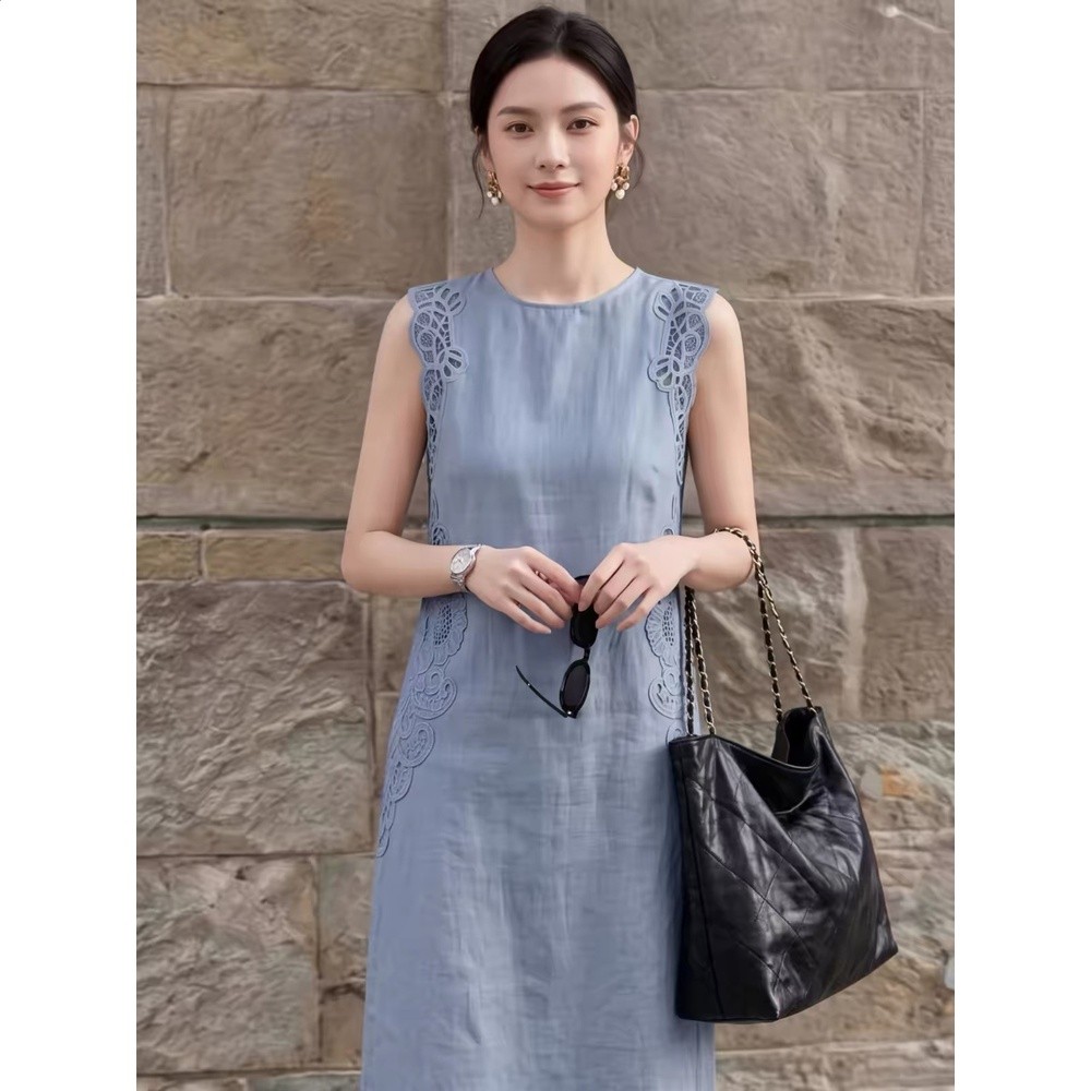 專櫃撤回亞麻連衣裙女2026夏季新款無袖蕾絲設計感法式氣質長裙-細節圖2