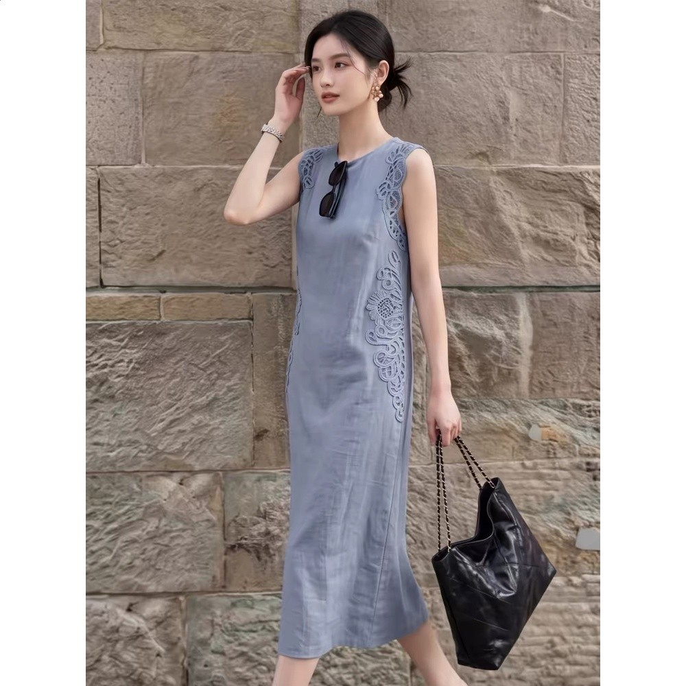 專櫃撤回亞麻連衣裙女2026夏季新款無袖蕾絲設計感法式氣質長裙-細節圖3