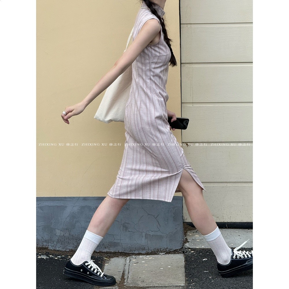 徐之行｜夏日淡粉條紋無袖旗袍裙【短款】復古少女肌理感連衣裙-細節圖3