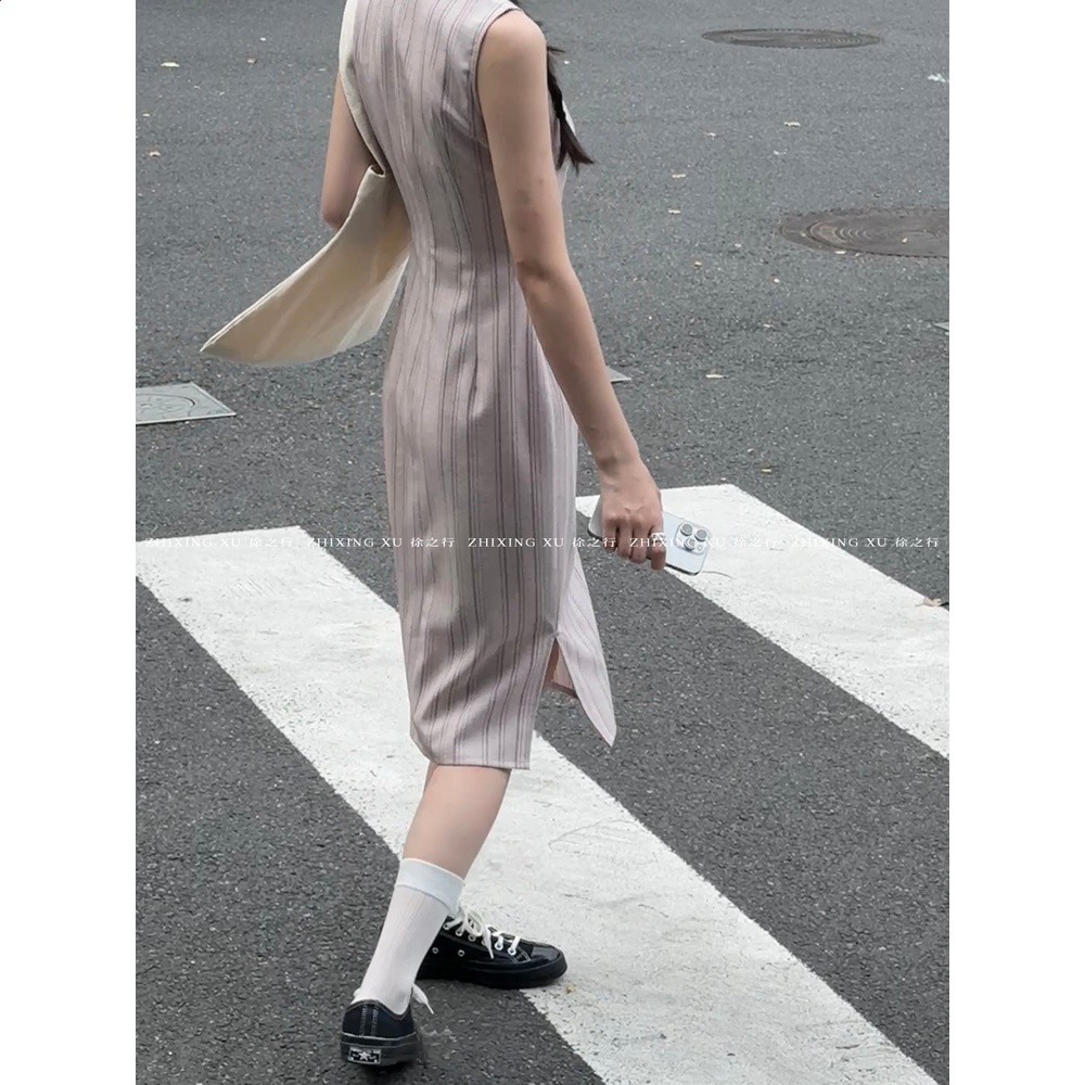 徐之行｜夏日淡粉條紋無袖旗袍裙【短款】復古少女肌理感連衣裙-細節圖4