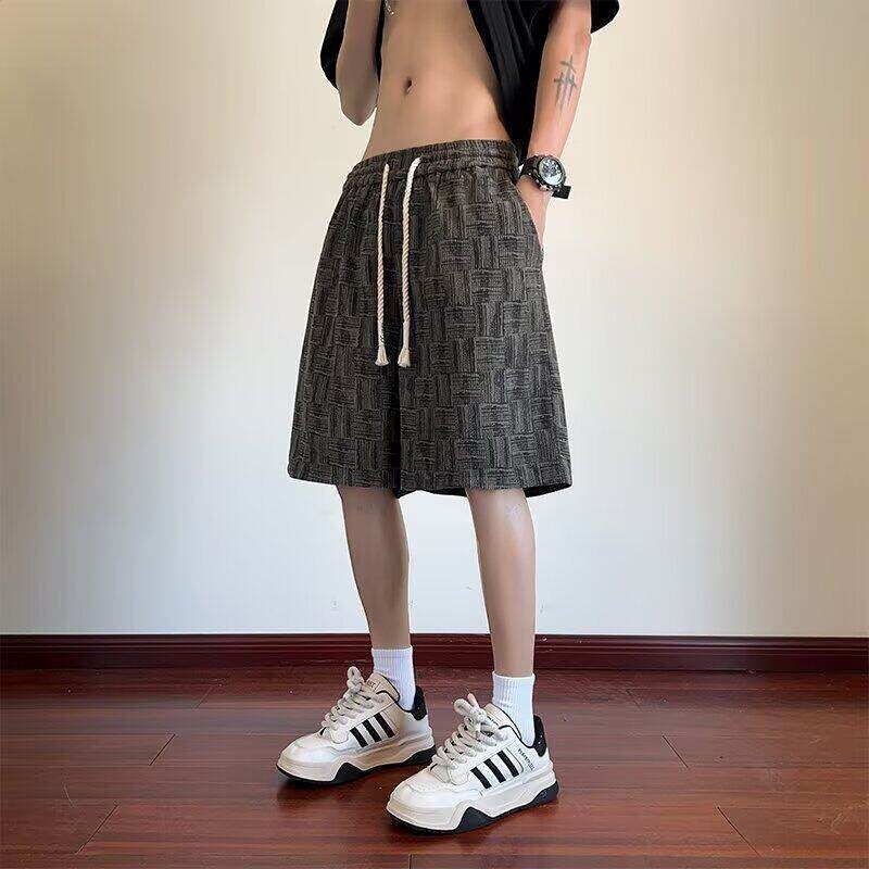 夏季潮流冰絲格子短褲男薄款寬鬆透氣速乾百搭鬆緊腰直筒五分中褲-細節圖5