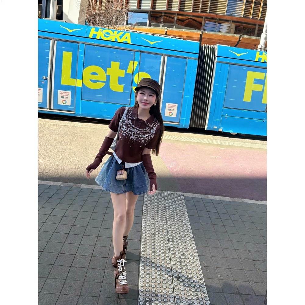 毛妮【牛仔甜嶼】復古水洗半身裙褲女寬鬆顯瘦蓬蓬牛仔a字短裙-細節圖3