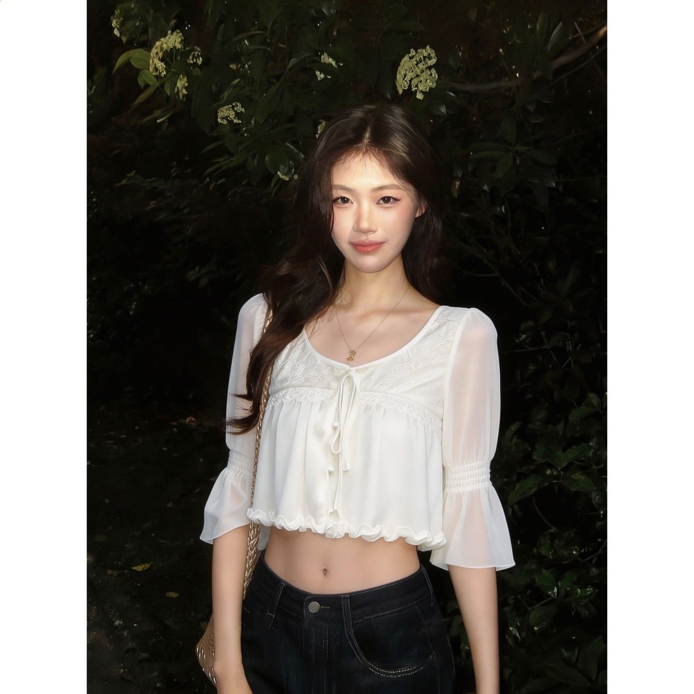 TooToo法式復古蕾絲拼接襯衫女夏中袖小衫收腰顯瘦氛圍感百搭上衣-規格圖5