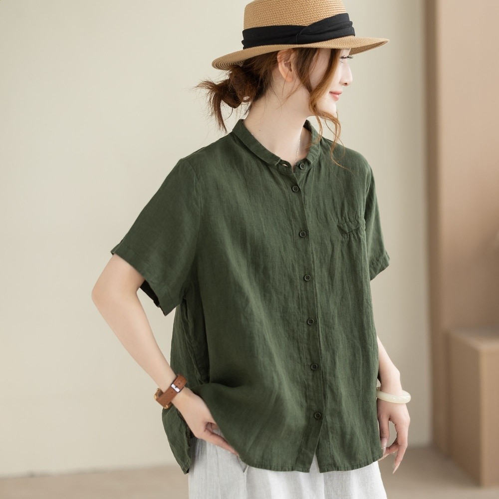 大碼文藝復古短袖襯衫女夏季寬鬆立領棉麻襯衣設計感小眾開襟上衣-規格圖5