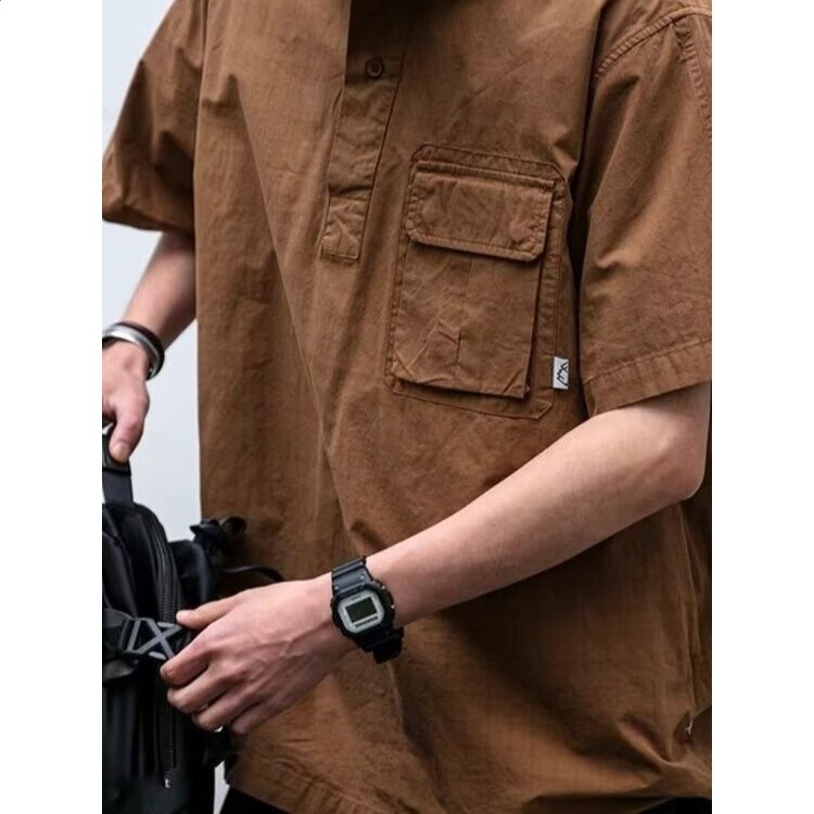 cityboy日系復古多口袋工裝短袖襯衫男女休閒寬鬆設計感機能襯衣-細節圖3