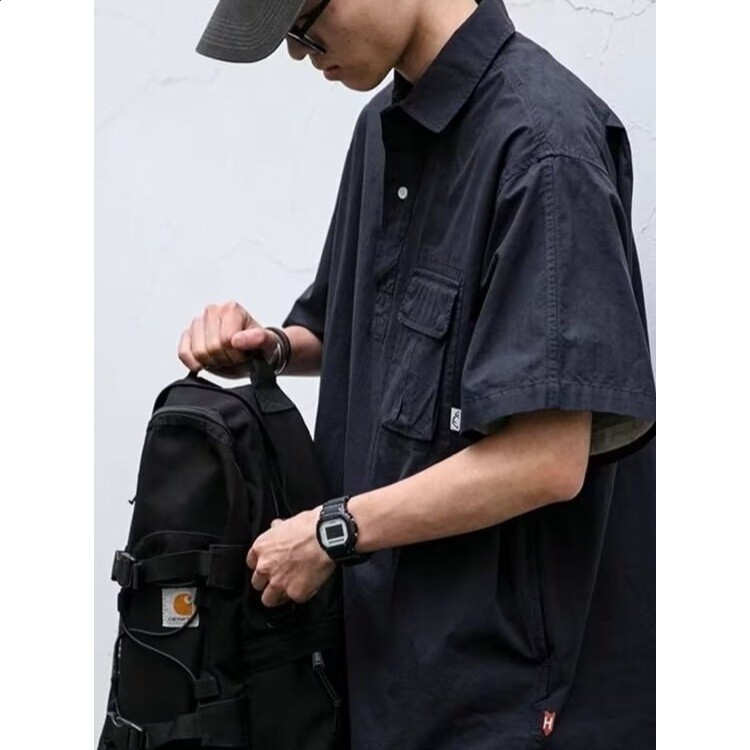 cityboy日系復古多口袋工裝短袖襯衫男女休閒寬鬆設計感機能襯衣-細節圖4
