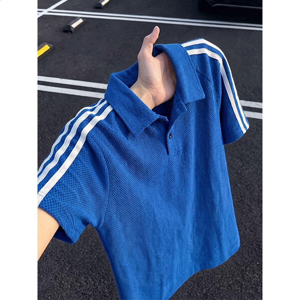 藏青色龍鱗紋透氣短袖男款夏季三條槓運動t恤涼感冰絲美式polo衫-細節圖4