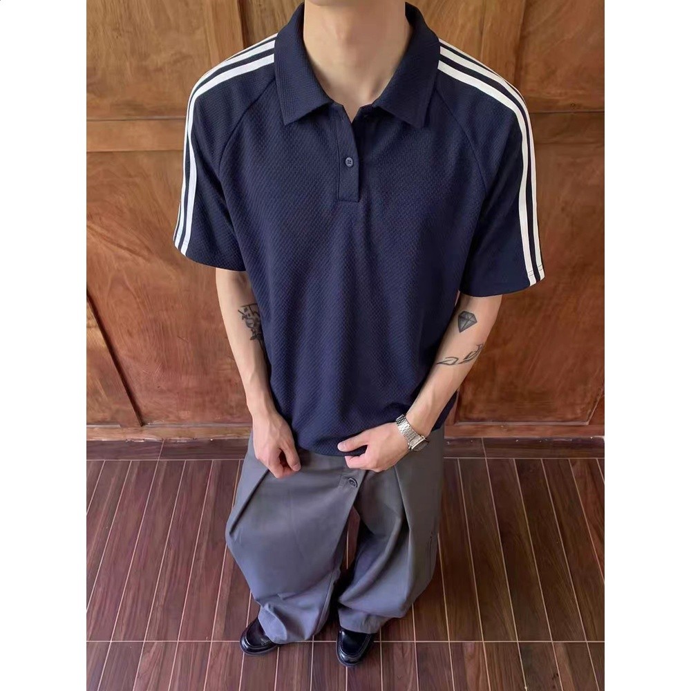藏青色龍鱗紋透氣短袖男款夏季三條槓運動t恤涼感冰絲美式polo衫-細節圖5