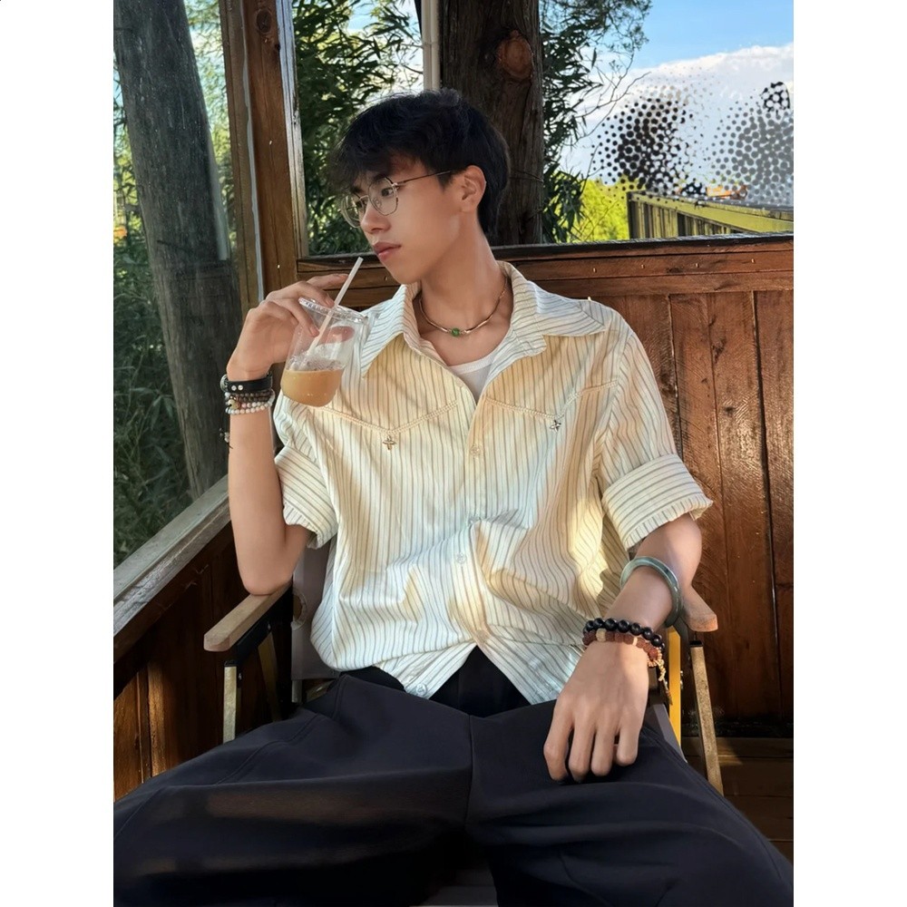 復古條紋風短袖襯衫男夏季翻領寬鬆百搭老錢風襯衣男裝輕薄風潮流-細節圖3