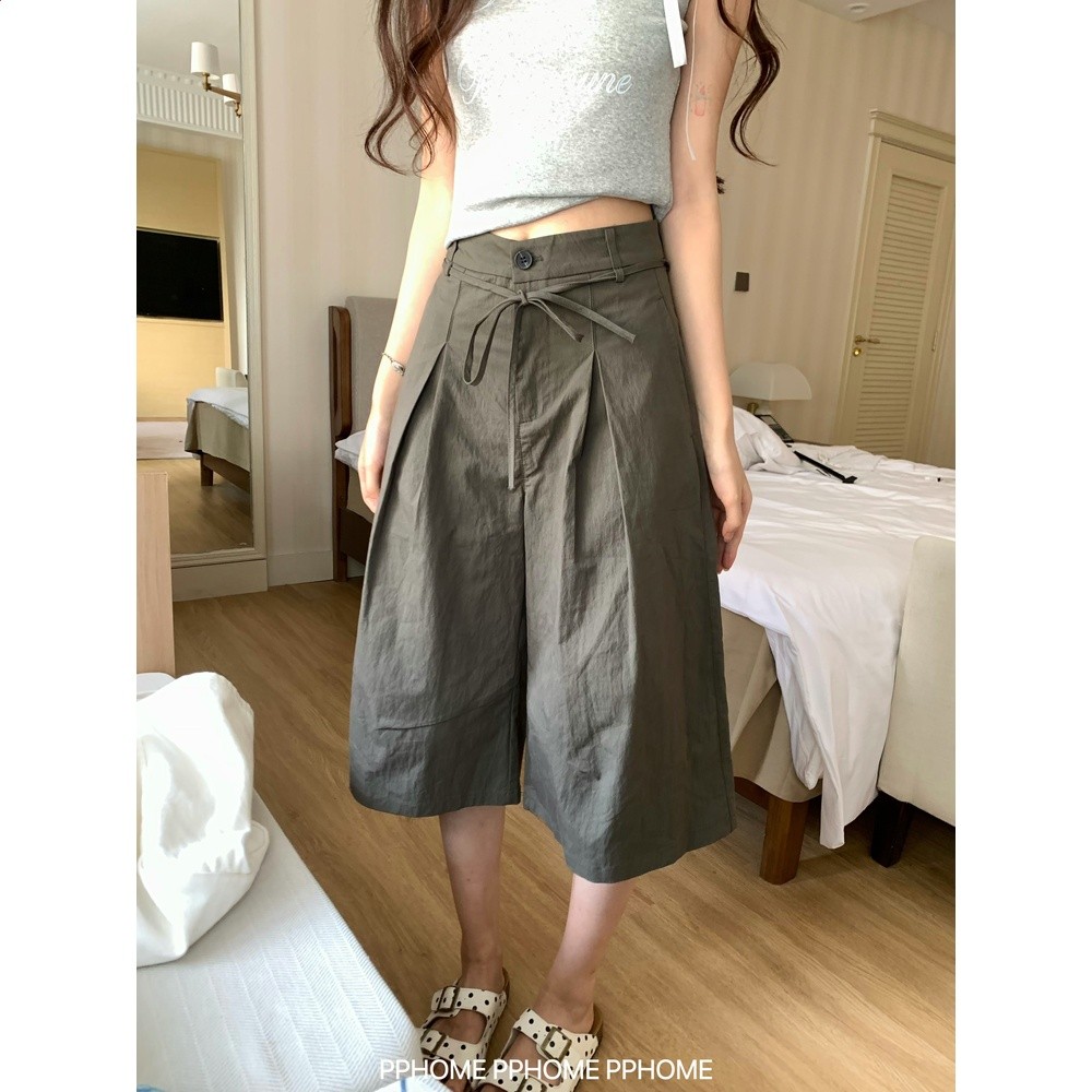 PPHOME自制~翻蓋七分褲 設計感抽繩闊腿褲女寬鬆休閒顯瘦百搭中褲-細節圖2
