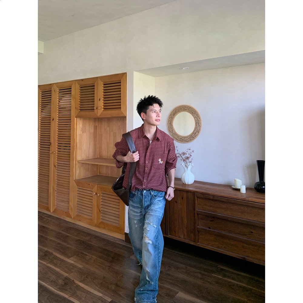 Holocene美式潮牌小馬刺繡格子長袖襯衫情侶夏季寬鬆休閒百搭襯衣-細節圖5