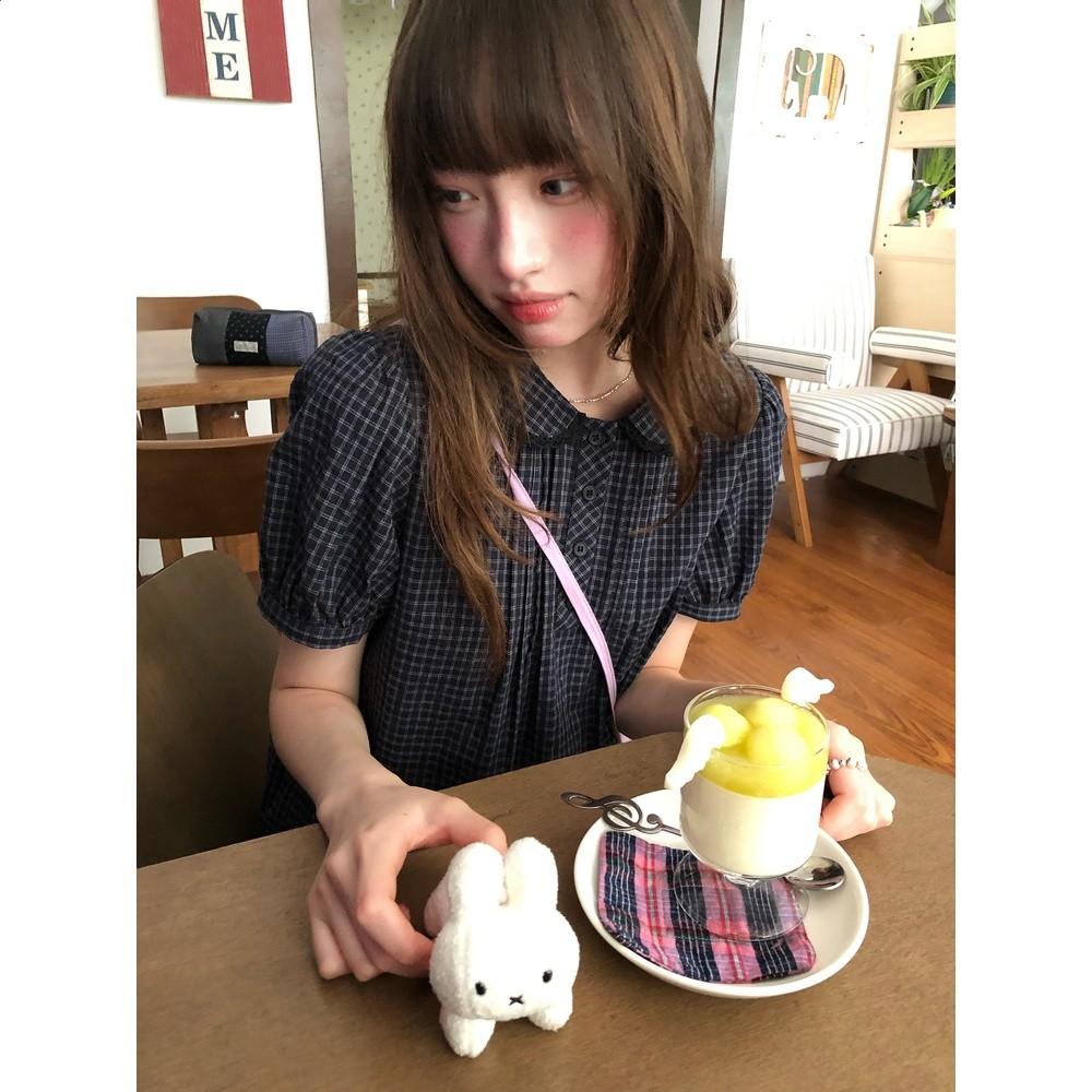 RAINY 甜美溫柔風泡泡袖格子襯衣夏季女韓版可愛娃娃領花邊襯衫-細節圖2