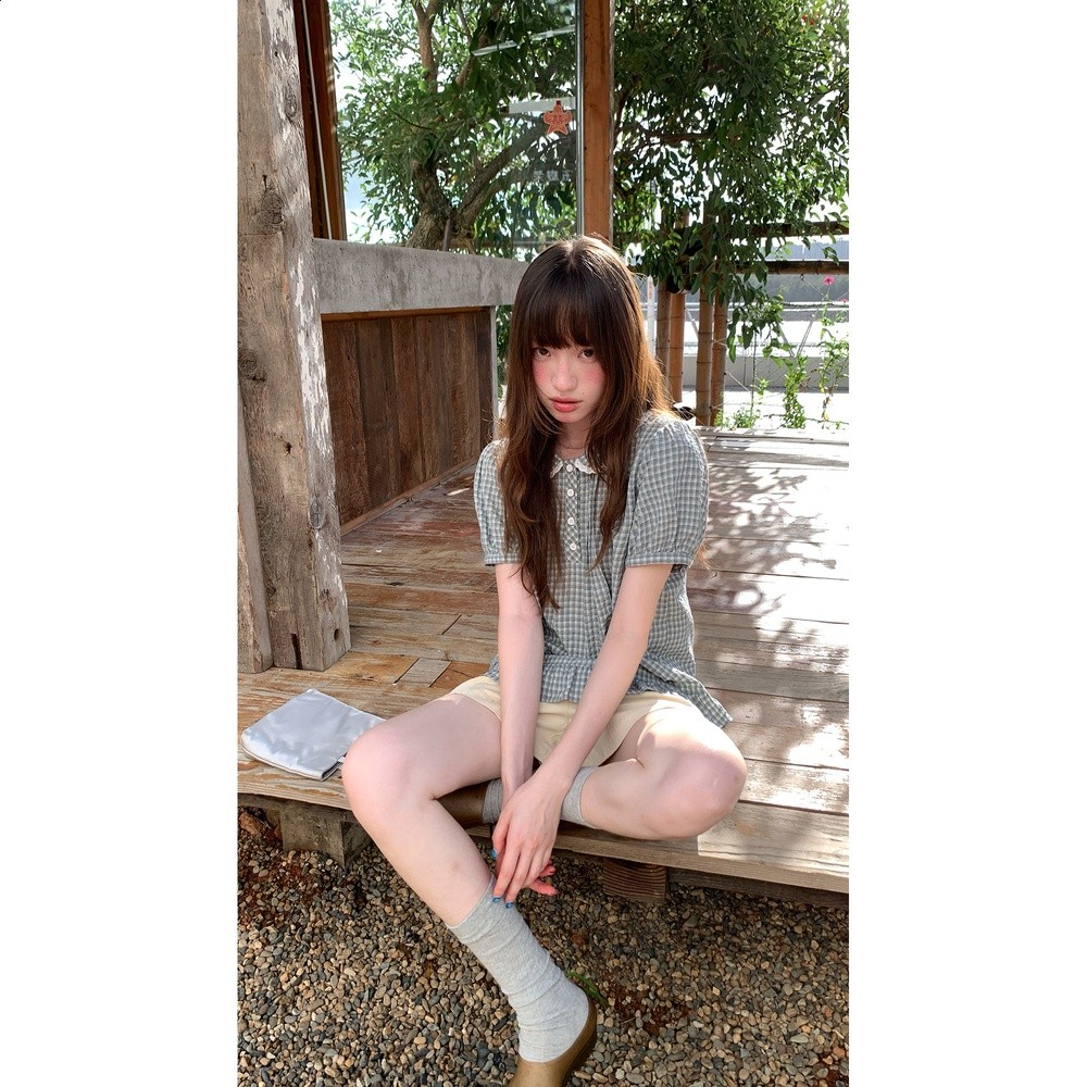 RAINY 甜美溫柔風泡泡袖格子襯衣夏季女韓版可愛娃娃領花邊襯衫-細節圖3