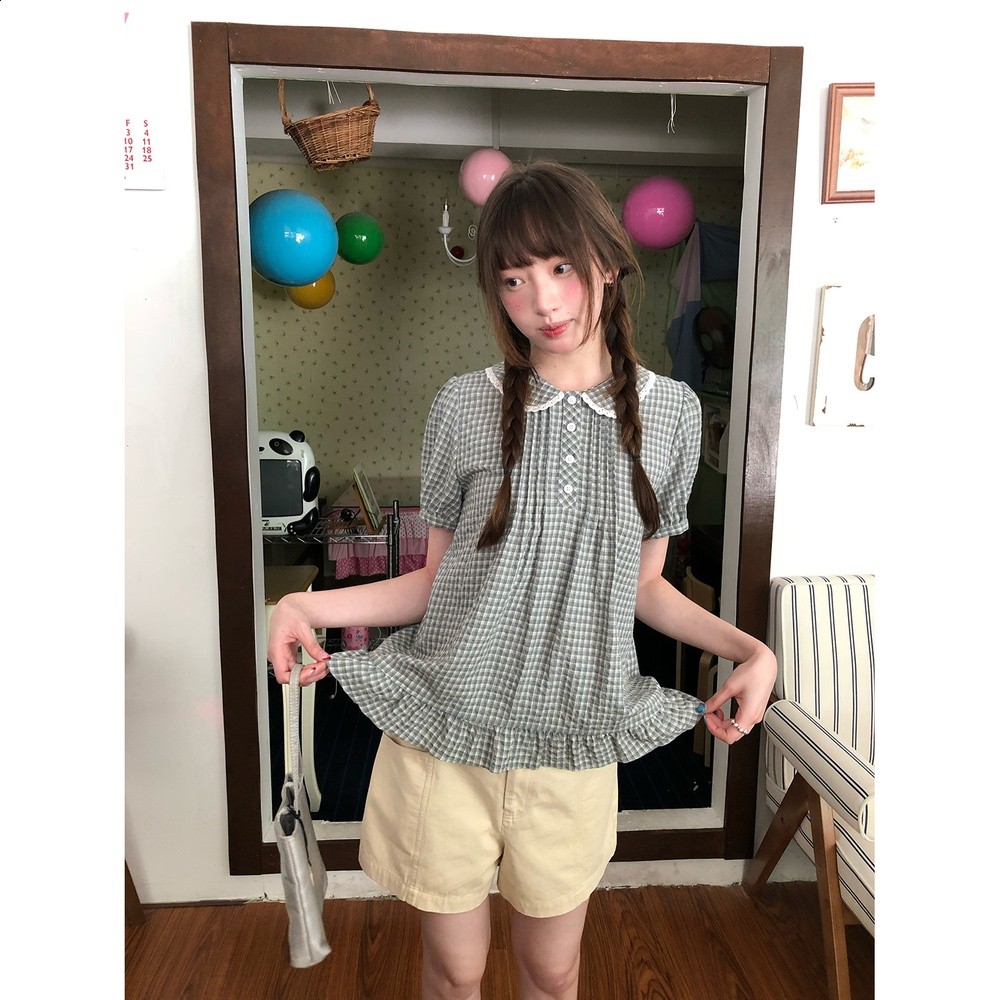 RAINY 甜美溫柔風泡泡袖格子襯衣夏季女韓版可愛娃娃領花邊襯衫-規格圖5