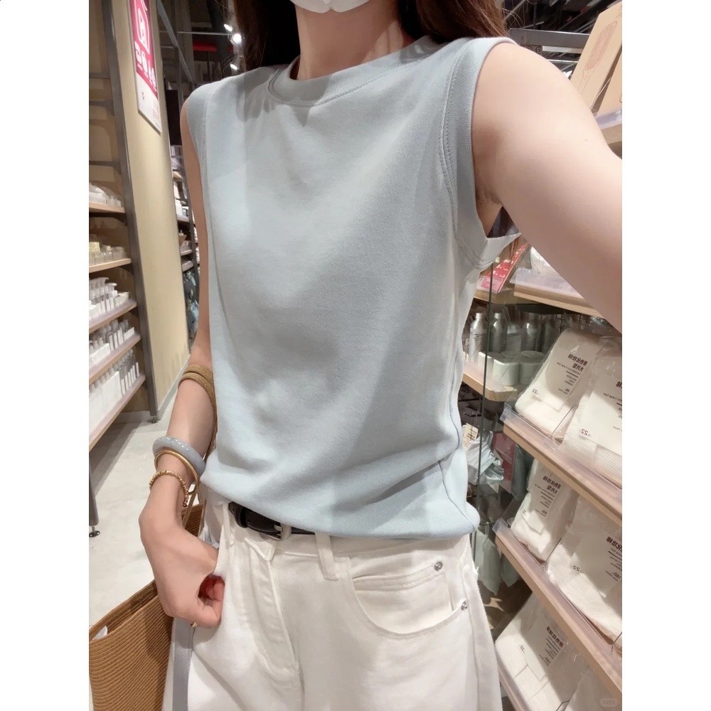 清冷感淺藍寬肩帶工字背心女夏季通勤百搭疊穿無袖打底衣基礎上衣-細節圖2