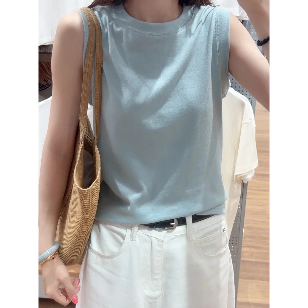 清冷感淺藍寬肩帶工字背心女夏季通勤百搭疊穿無袖打底衣基礎上衣-細節圖3