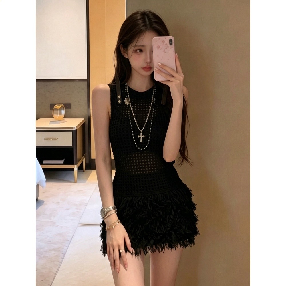 歐美風無袖針織連衣裙女2026秋季新款白色修身顯瘦流蘇氣質短裙h-細節圖5