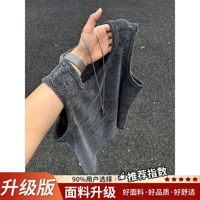 灰色肌理感菠蘿格汗背心男款夏季輕薄透氣無袖t恤健身運動風坎肩-規格圖5