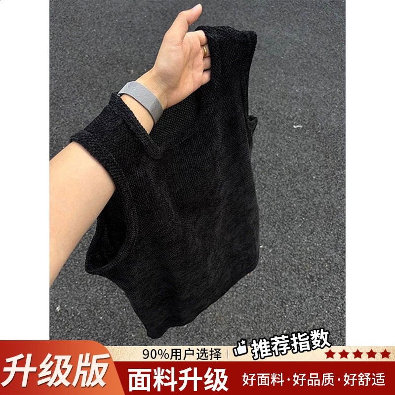 灰色肌理感菠蘿格汗背心男款夏季輕薄透氣無袖t恤健身運動風坎肩-規格圖5
