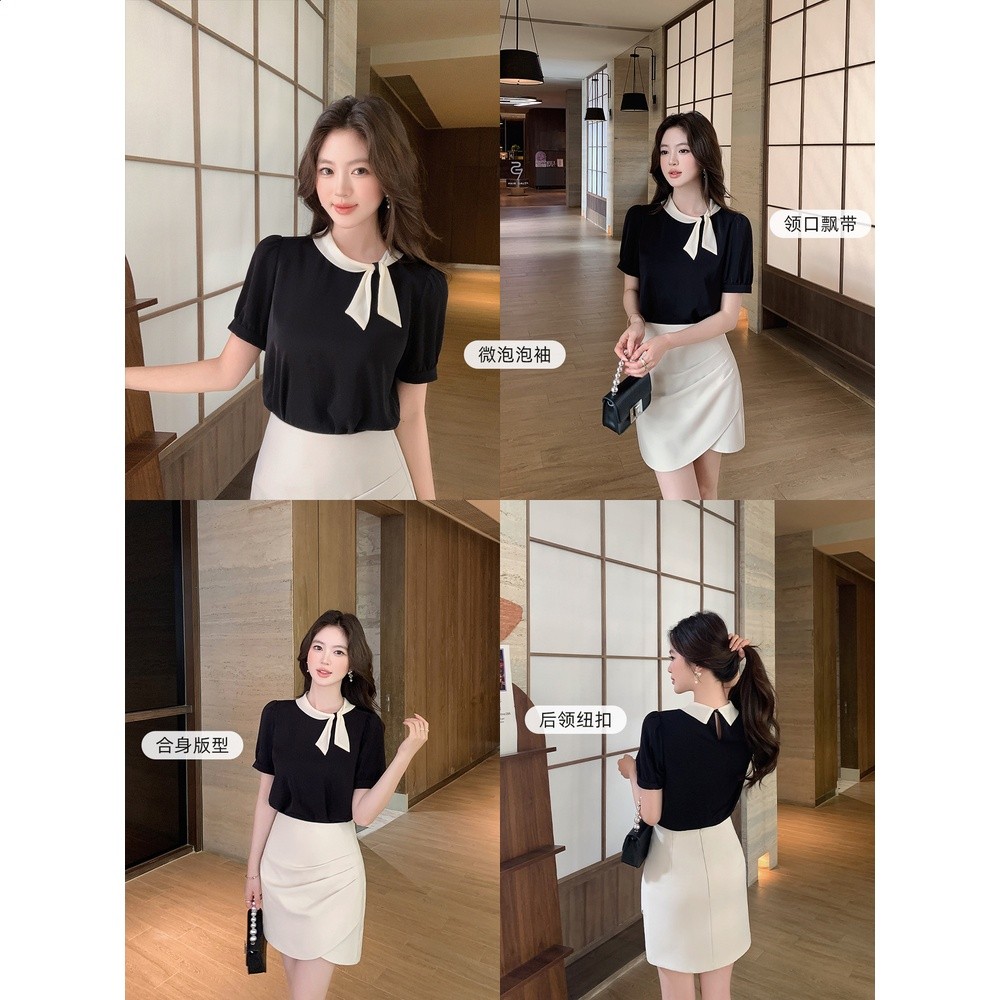 島歌夫人 法式赫本風黑白撞色蝴蝶結飄帶顯瘦上衣女秋氣質短袖t恤-細節圖2