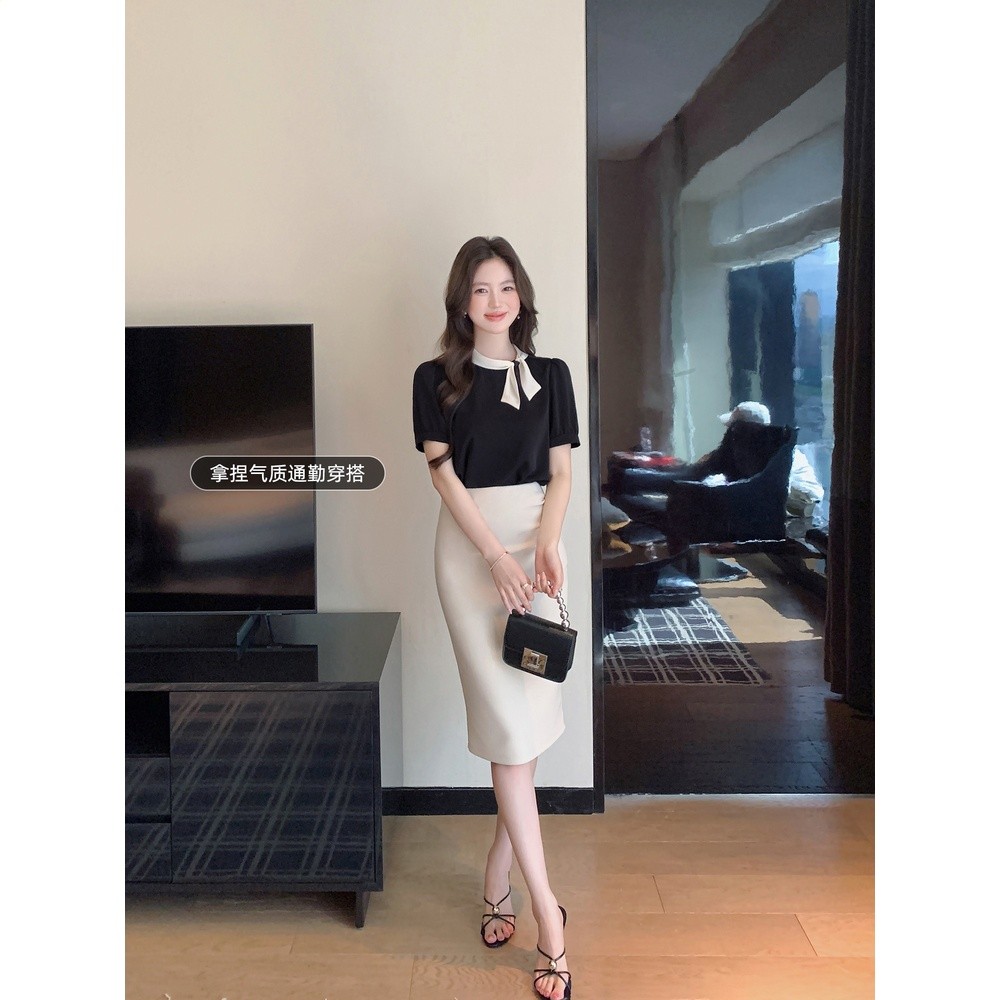 島歌夫人 法式赫本風黑白撞色蝴蝶結飄帶顯瘦上衣女秋氣質短袖t恤-細節圖3