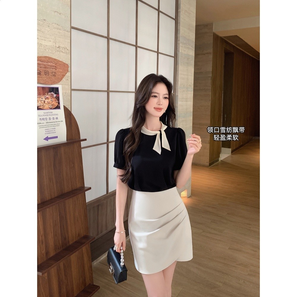 島歌夫人 法式赫本風黑白撞色蝴蝶結飄帶顯瘦上衣女秋氣質短袖t恤-細節圖4