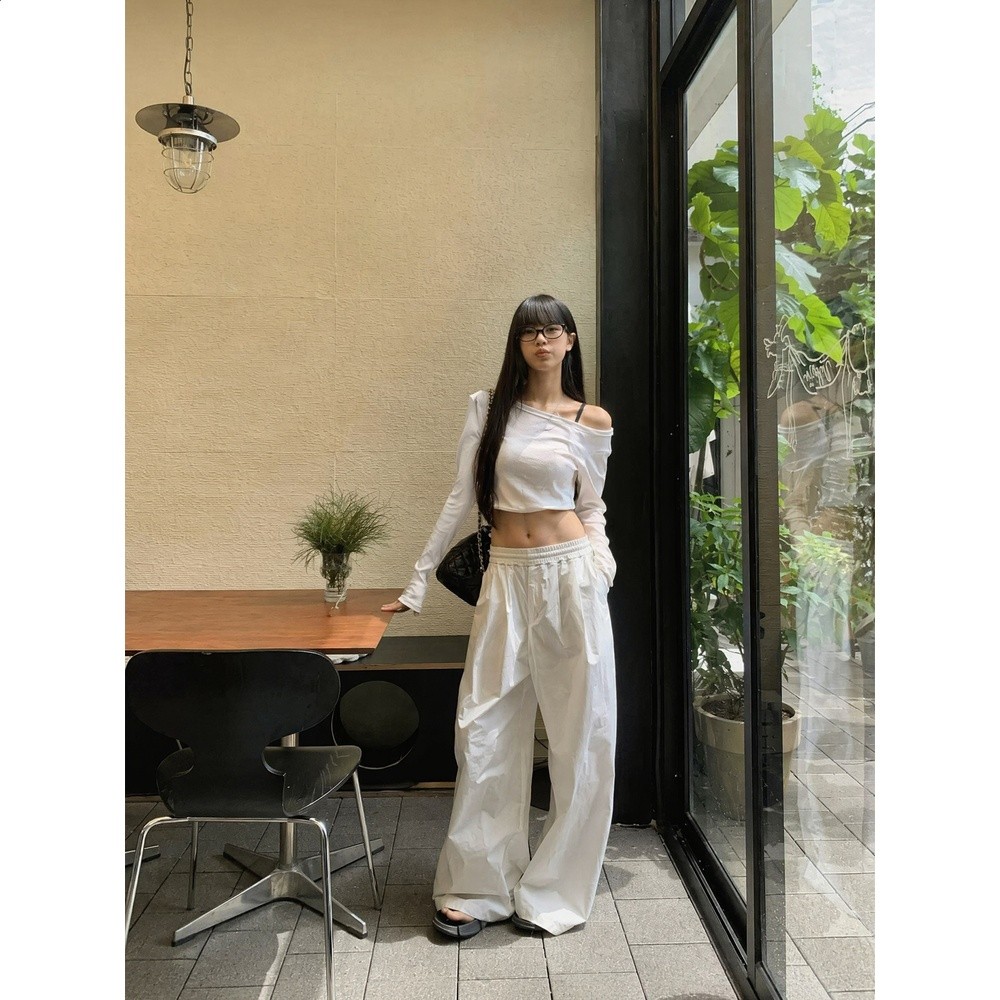 番茄妹妹Tomatosister  無限囤 短款卷邊長袖T恤女夏季斜肩上衣-細節圖2