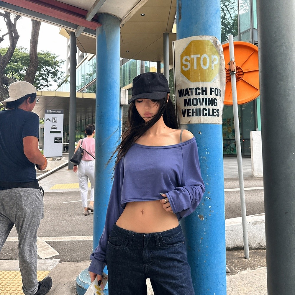 番茄妹妹Tomatosister  無限囤 短款卷邊長袖T恤女夏季斜肩上衣-規格圖5