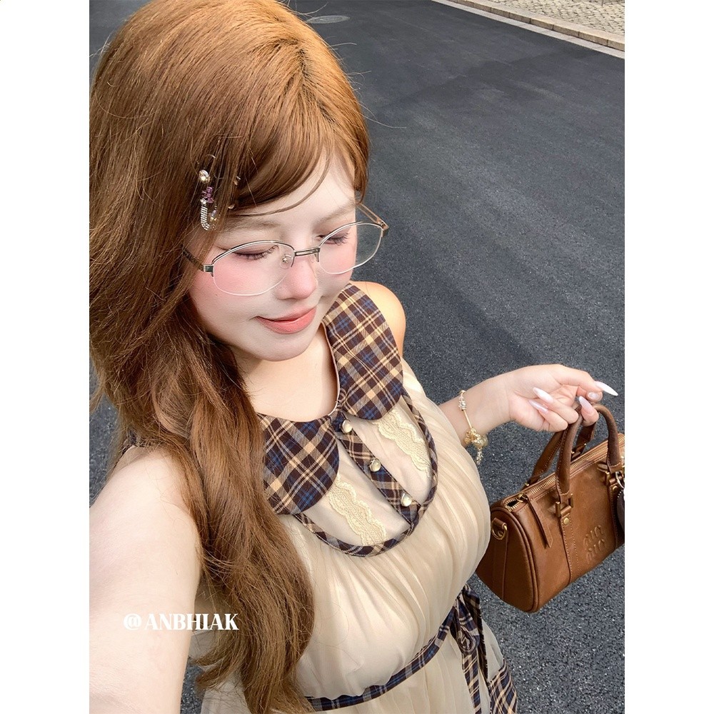 安妮不火 網紗格紋花邊拼接娃娃領連衣裙女微胖大碼生日裙千金裙-細節圖4