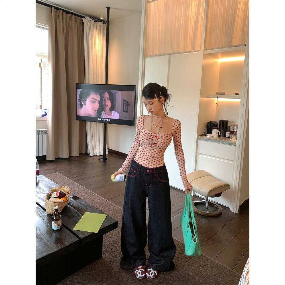 DULA好好家 俏皮辣妹/紅色小愛心網紗長袖T恤女早秋外穿修身上衣-細節圖5