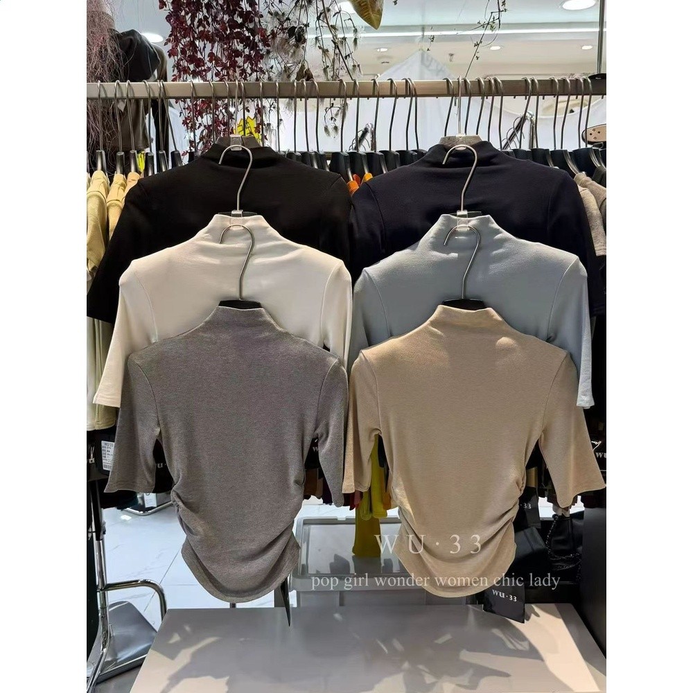 WU33韓版早秋26新款半高領中袖T恤女褶皺修身顯瘦打底衣墊肩上衣-細節圖2