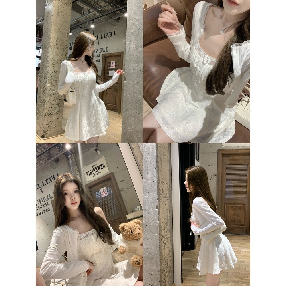 Q女家 黃油奶泡/溫柔風開襟蕾絲收腰吊帶針織裙套裝-細節圖5