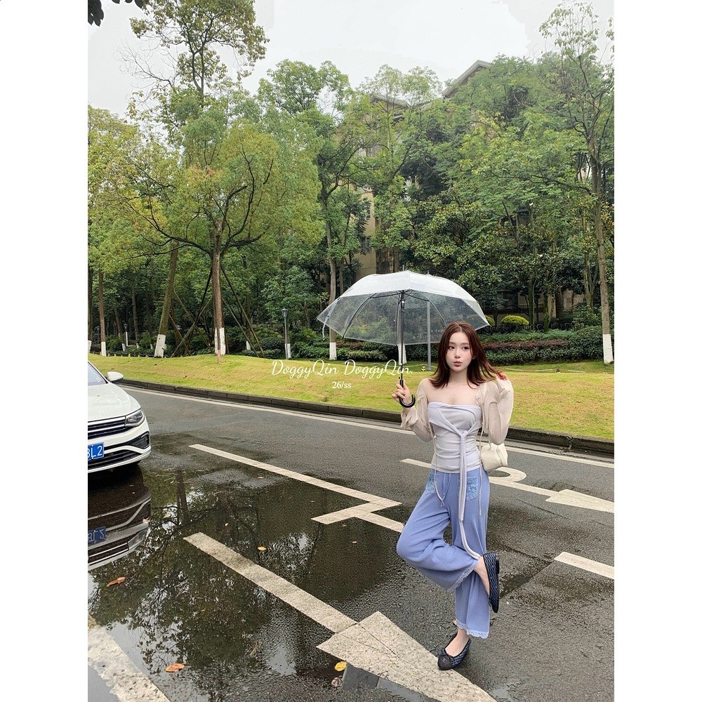 DoggyQin 原野棉花兜褲/100%純棉蕾絲花邊休閒褲女寬鬆直筒長褲-細節圖5