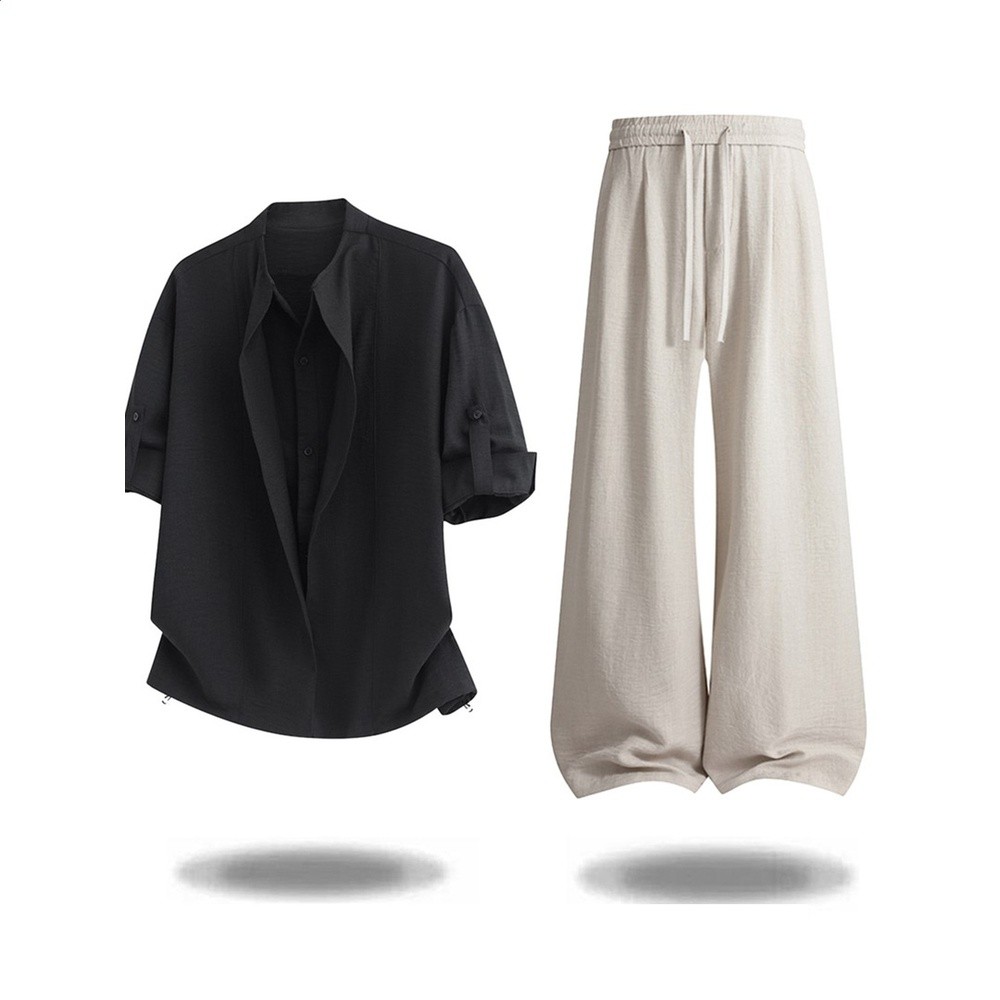 老錢風設計感假兩件涼爽短袖襯衫套裝男寬鬆直筒闊腿褲夏季兩件套-細節圖3