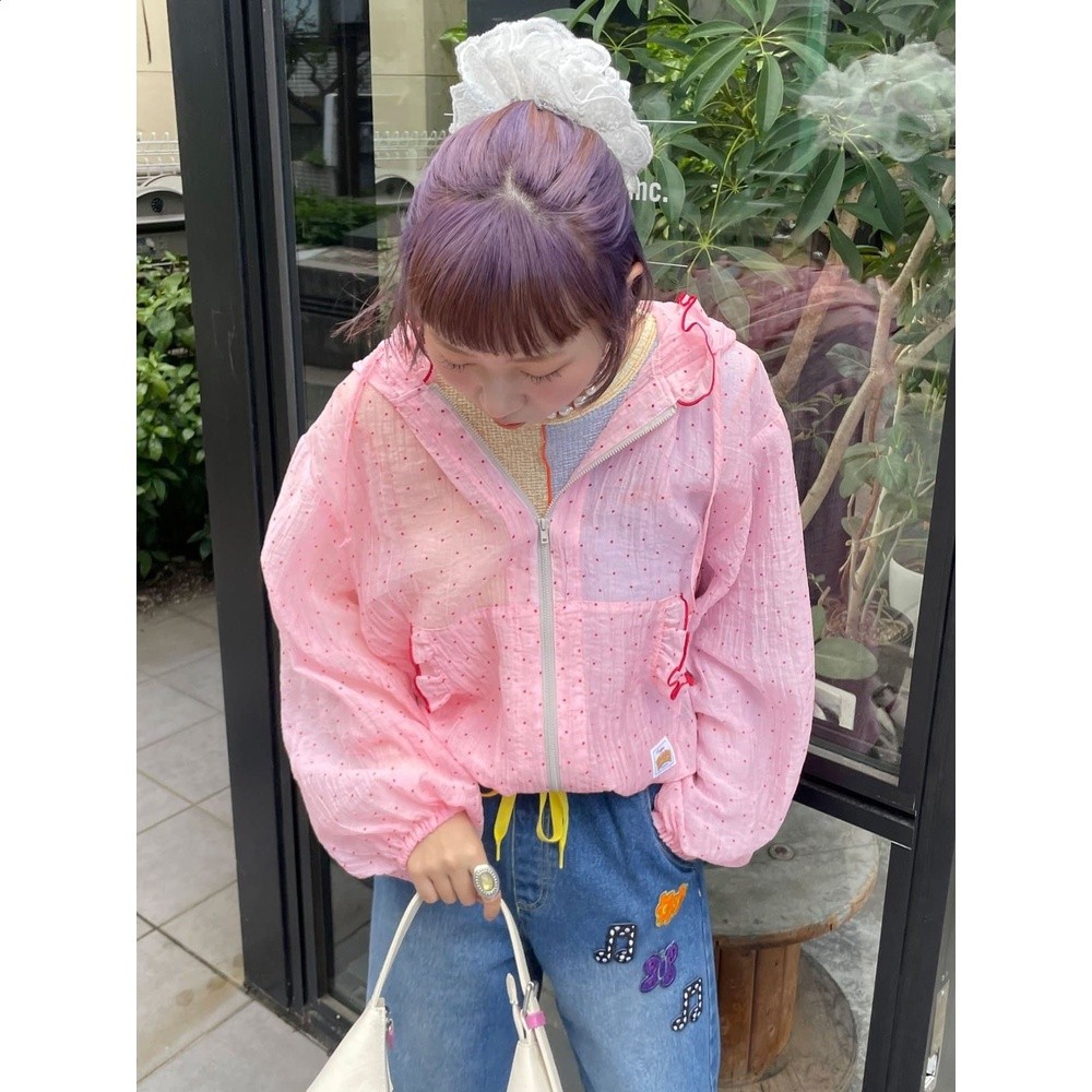 CP 美少女的防曬外套 夏日可愛壓褶紋理圓點 透氣薄款連帽拉鍊-細節圖3