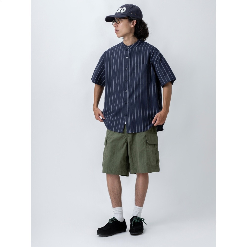 detourstudio水洗格紋寬鬆工裝短褲男夏季復古尼龍口袋休閒五分褲-細節圖4