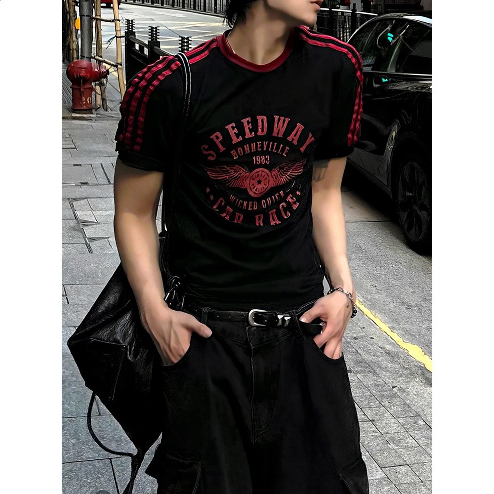 davidme黑色字母印花短袖T恤男女同款夏季美式修身賽車風圓領上衣-細節圖3