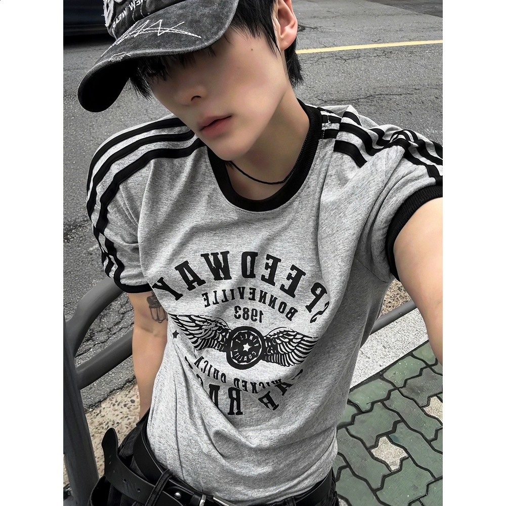 davidme黑色字母印花短袖T恤男女同款夏季美式修身賽車風圓領上衣-細節圖4