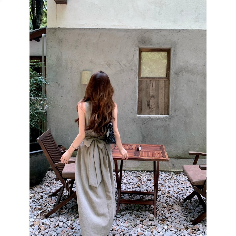 Huangzuozuo小個子 高智感無袖圓領繫帶連衣裙夏季女純色收褶長裙-細節圖5