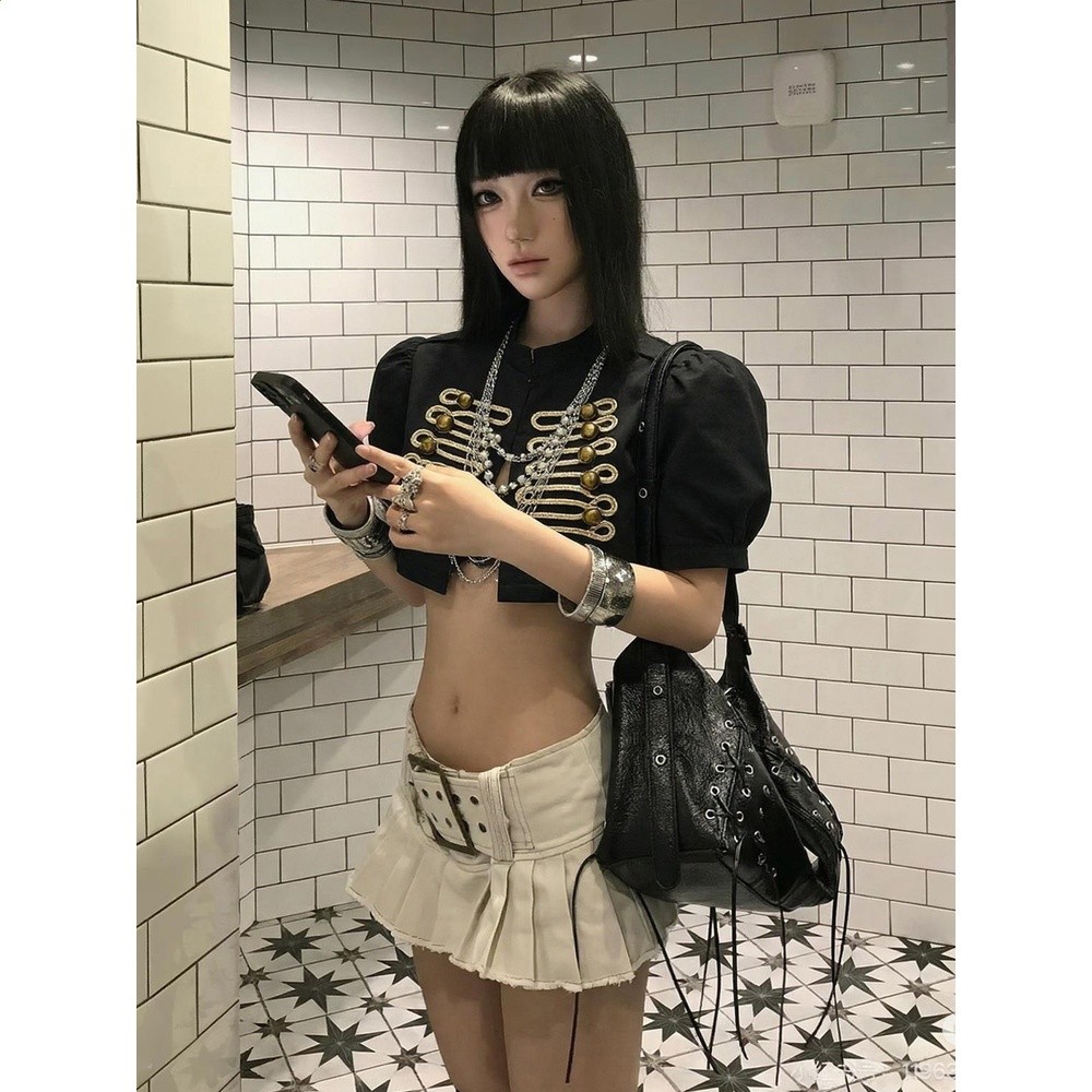 拿破崙復古短款外套女夏季新款重工雙排扣黑色開襟辣妹泡泡袖上衣-細節圖2