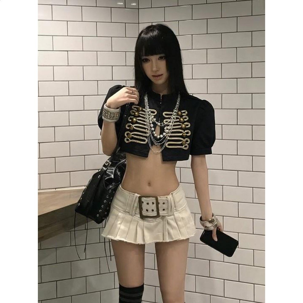 拿破崙復古短款外套女夏季新款重工雙排扣黑色開襟辣妹泡泡袖上衣-細節圖3