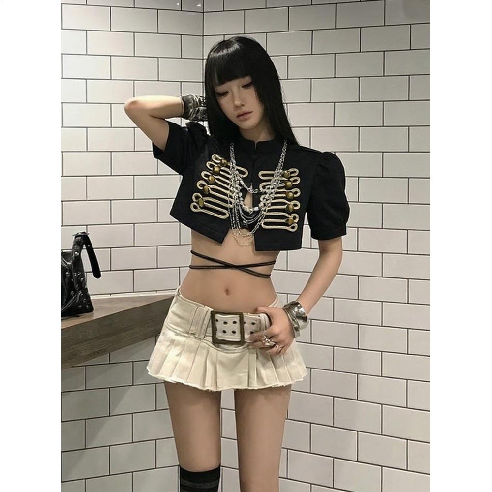 拿破崙復古短款外套女夏季新款重工雙排扣黑色開襟辣妹泡泡袖上衣-細節圖4