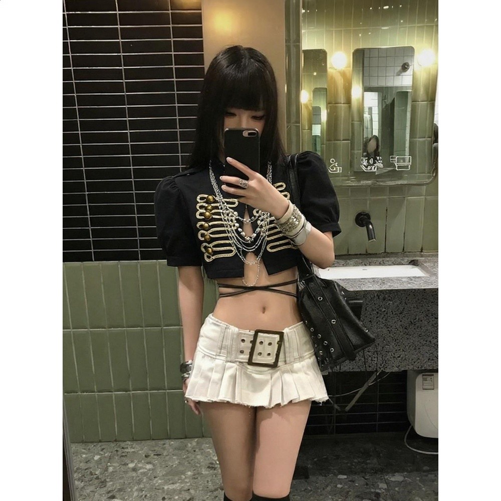 拿破崙復古短款外套女夏季新款重工雙排扣黑色開襟辣妹泡泡袖上衣-細節圖5